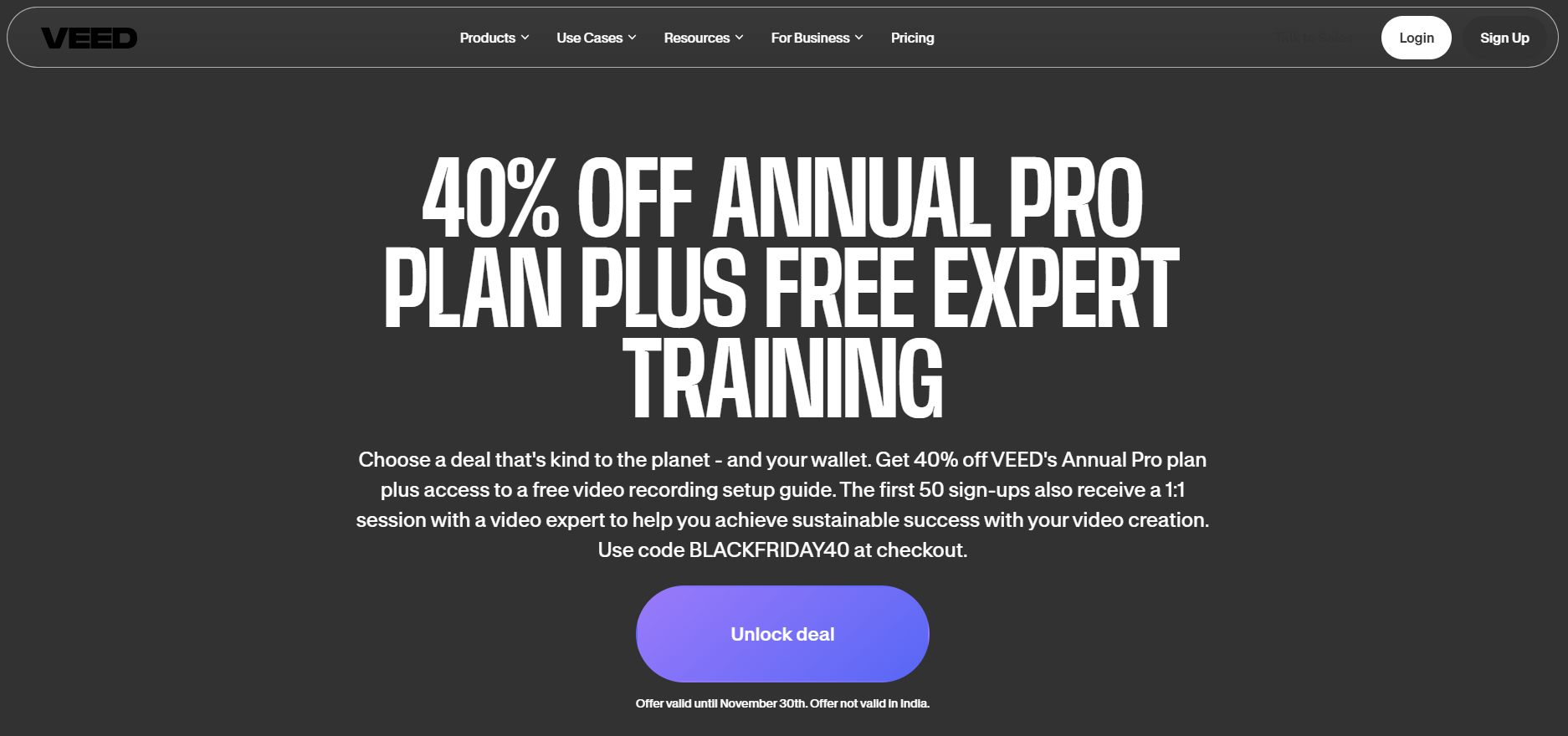 VEED Black Friday 2024 Special: 40% off annual Pro plan Plus Free Expert Training